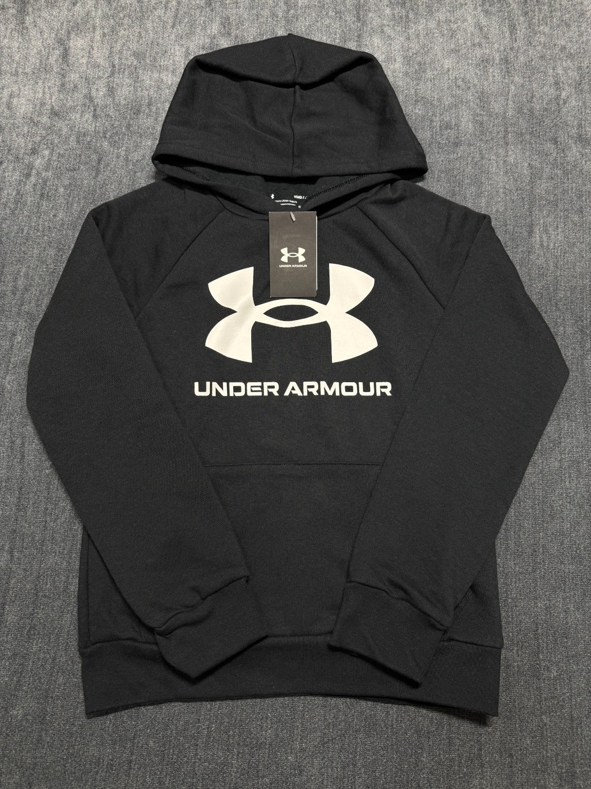 NWT Under Armour Rival Fleece Big Logo Hoodie Boys Medium Black Long Sleeve Y2K