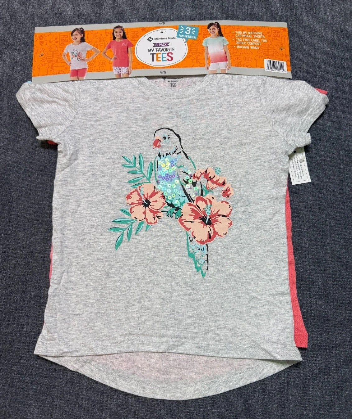 NWT Member's Mark My Favorite Active Tees Girls 4/5 Multicolor Hipster - 3-Pack