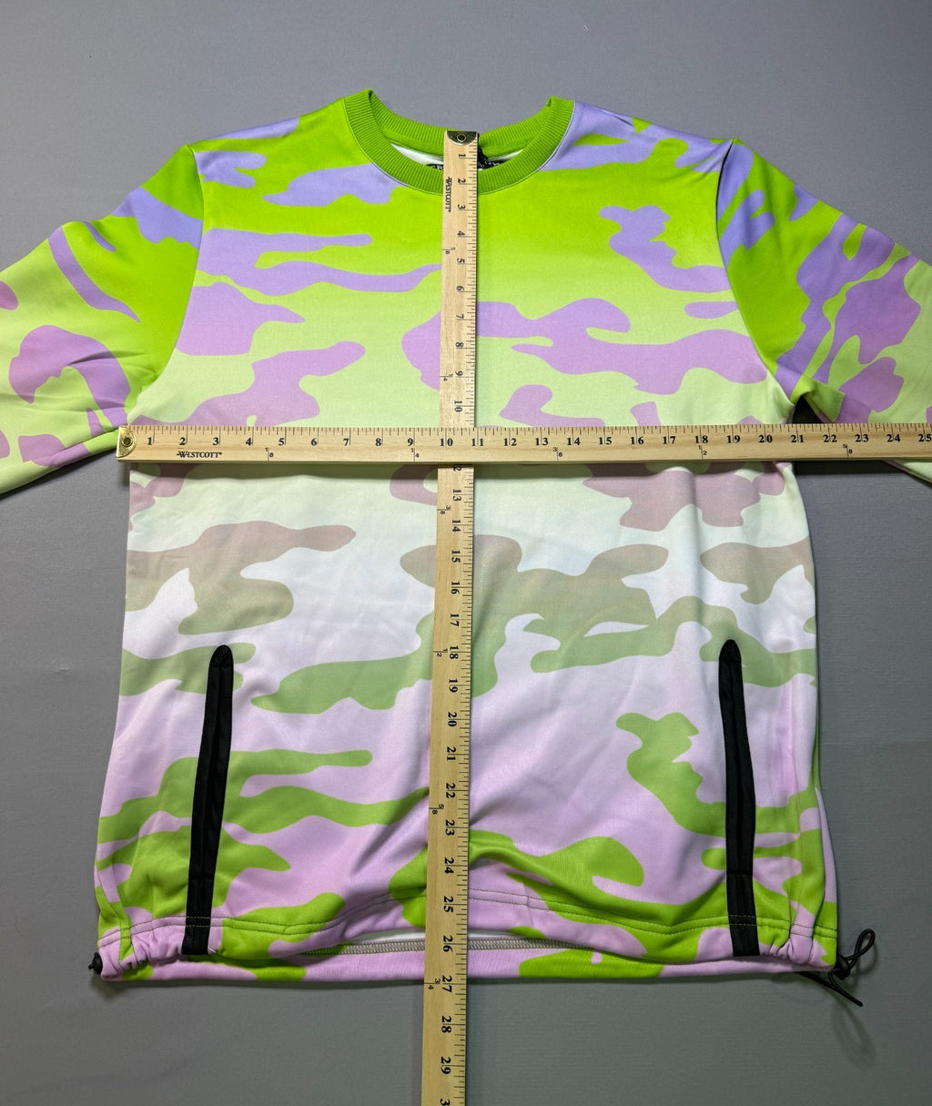 Create 2MRW Crew Neck Sweatshirt Men Medium Lime Camo Long Sleeve w/ Ribbed Hems