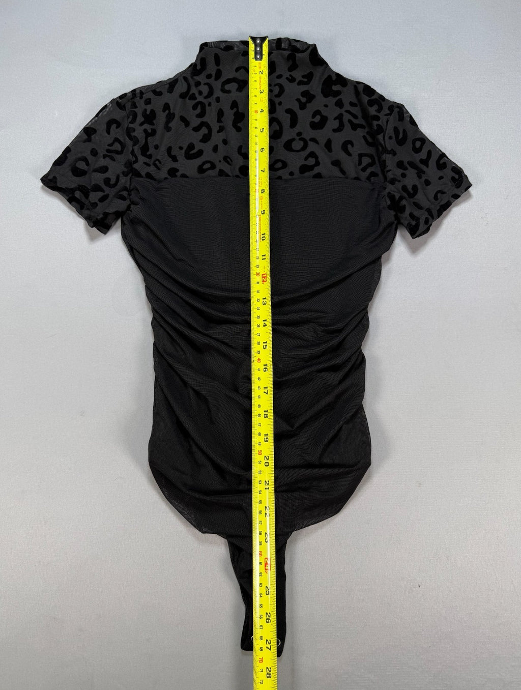 Womens S Black Mesh Leopard Print Bodysuit Short Sleeve Ruched Mock Neck Thong