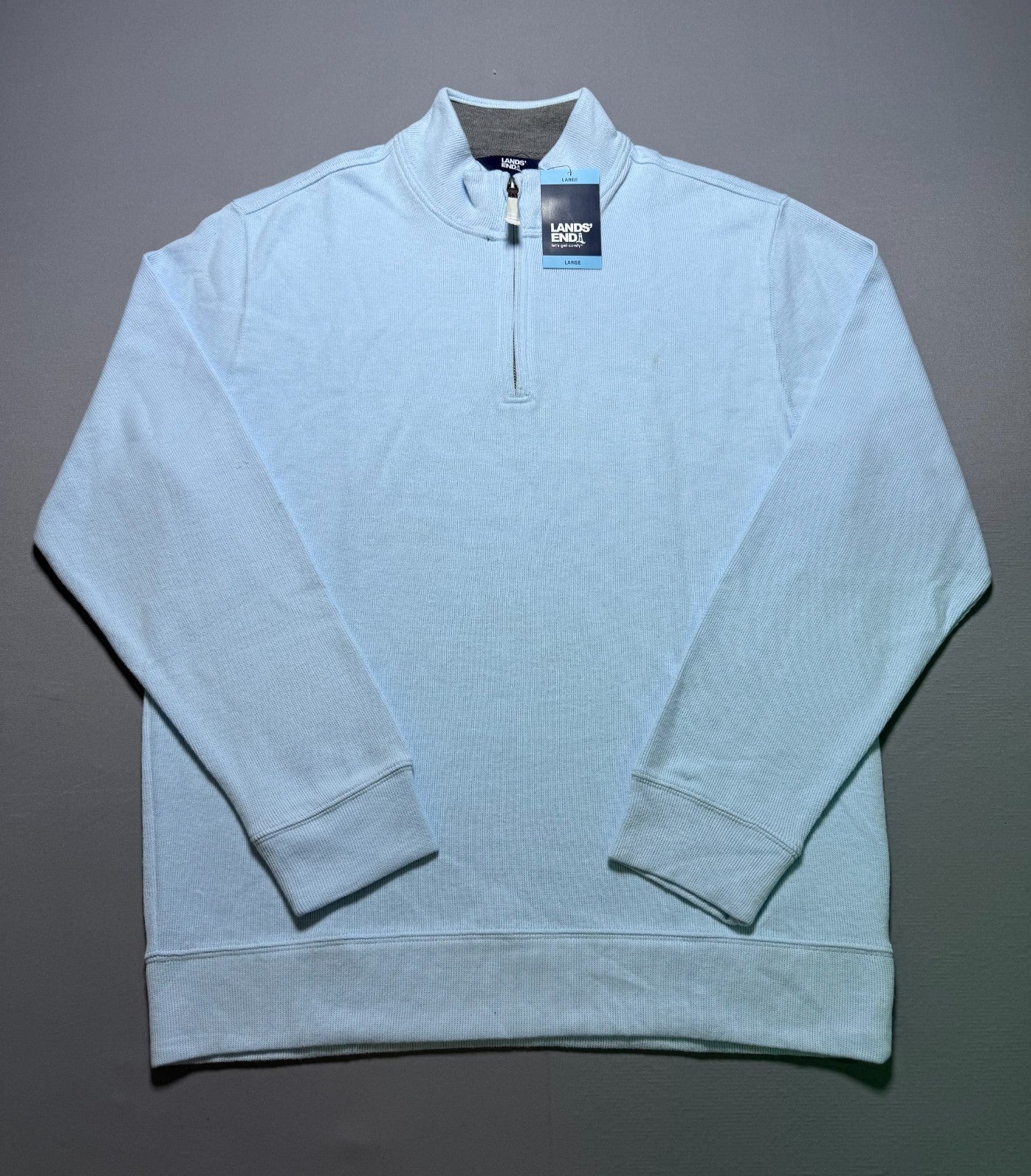 NWT Lands' End Bedford Rib Quarter Zip Sweater Men's Large Blue Long Sleeve Cozy