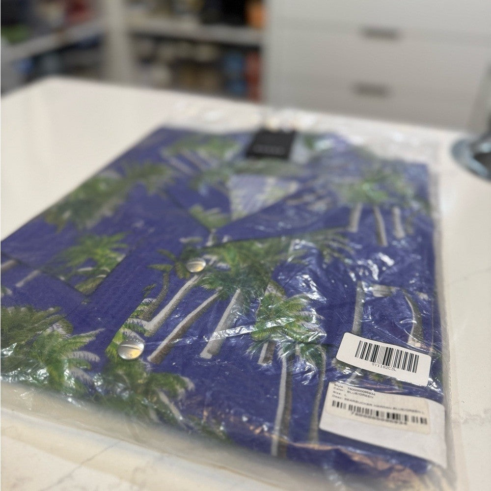 Rhude Searsucker Hawaiian Blue Palm Tree Print Men's Shirt Size Large New