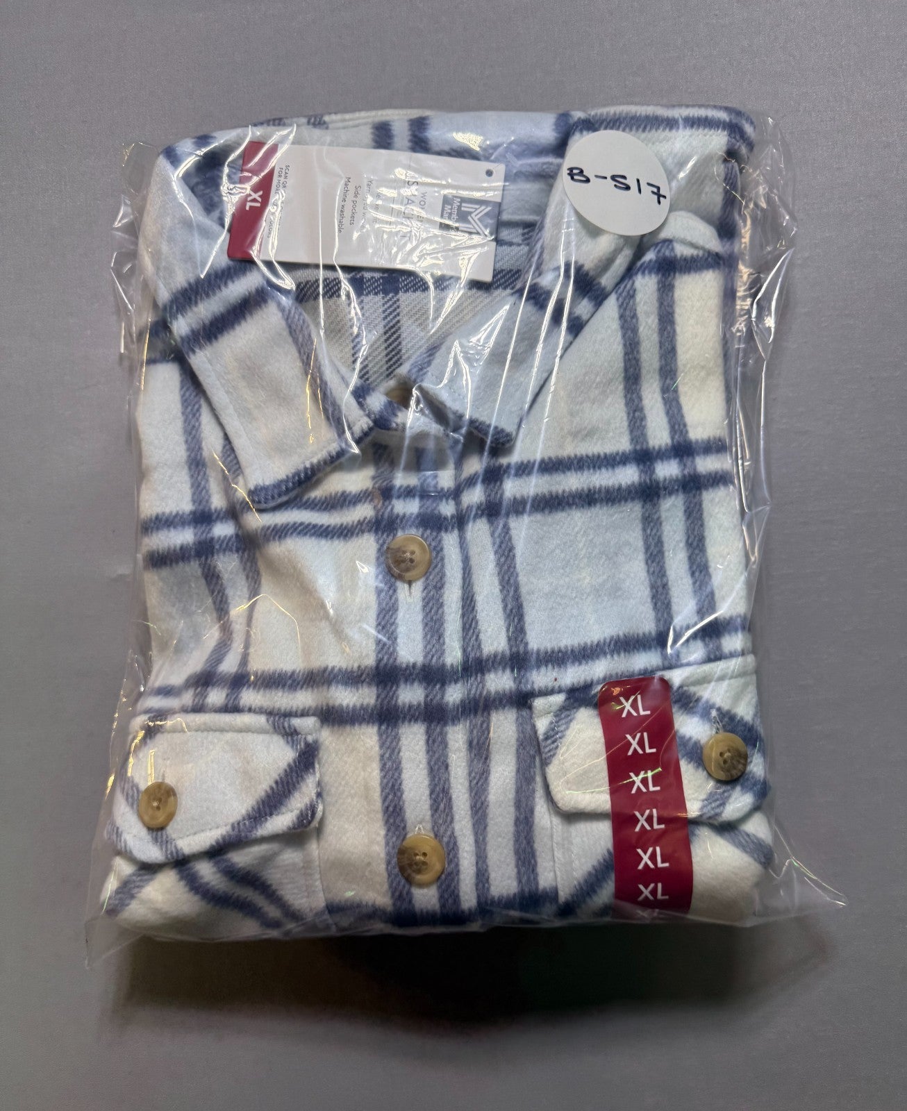 NWT Member's Mark Button-Front Plaid Shacket Women's XL Blue/White Flap Pockets