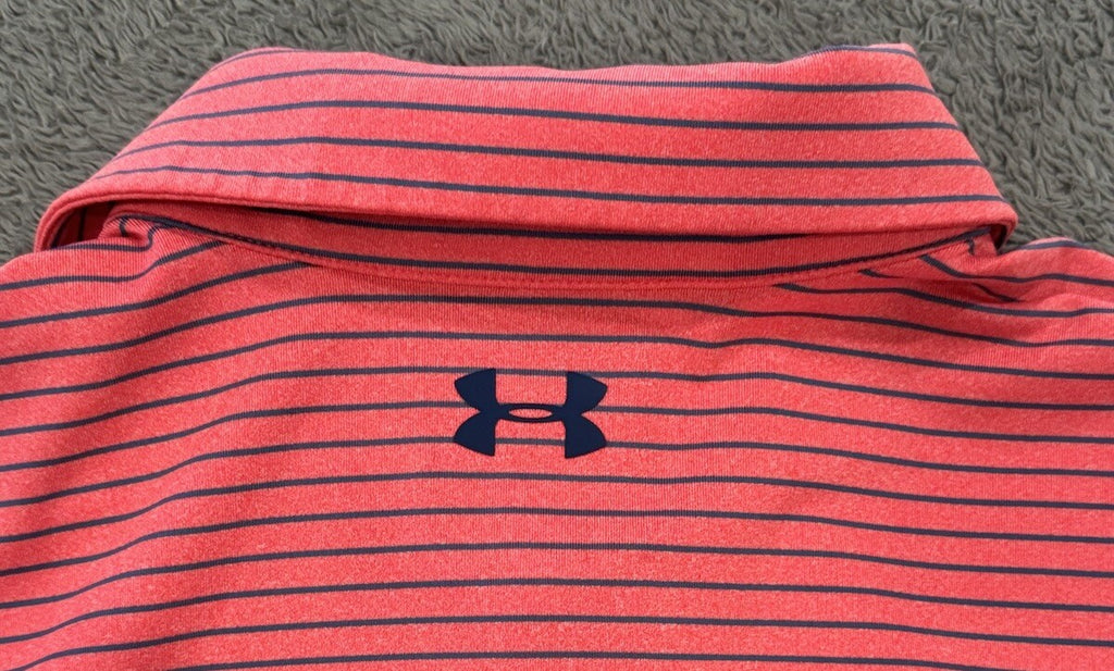 Under Armour Men's Heatgear XL Loose Fit Pollo Golf Shirt Red w/ Blue Stripes