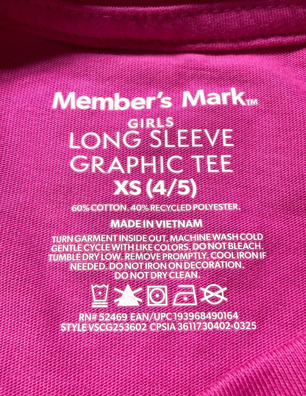 NWT Member's Mark Long Sleeve Graphic Tee Shirt Girls XS (4/5) Crewneck Pullover