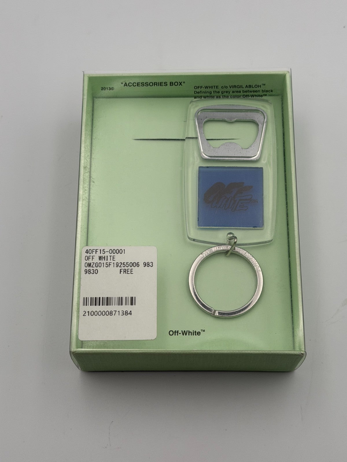 New Off-White Spray Typo Transparent Blue Keychain Bottle Opener - One Size