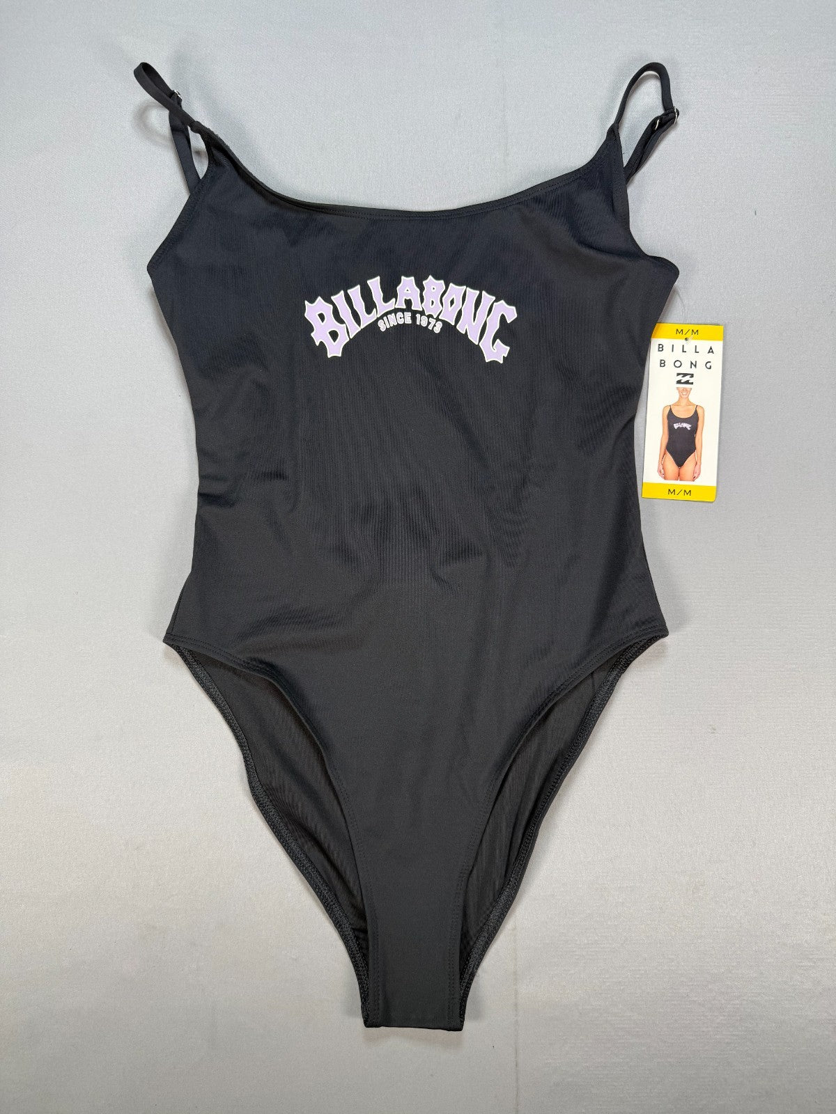 NWT Billabong One-Piece Swimsuit Women's Medium Black Graphic Logo Bathing Suit