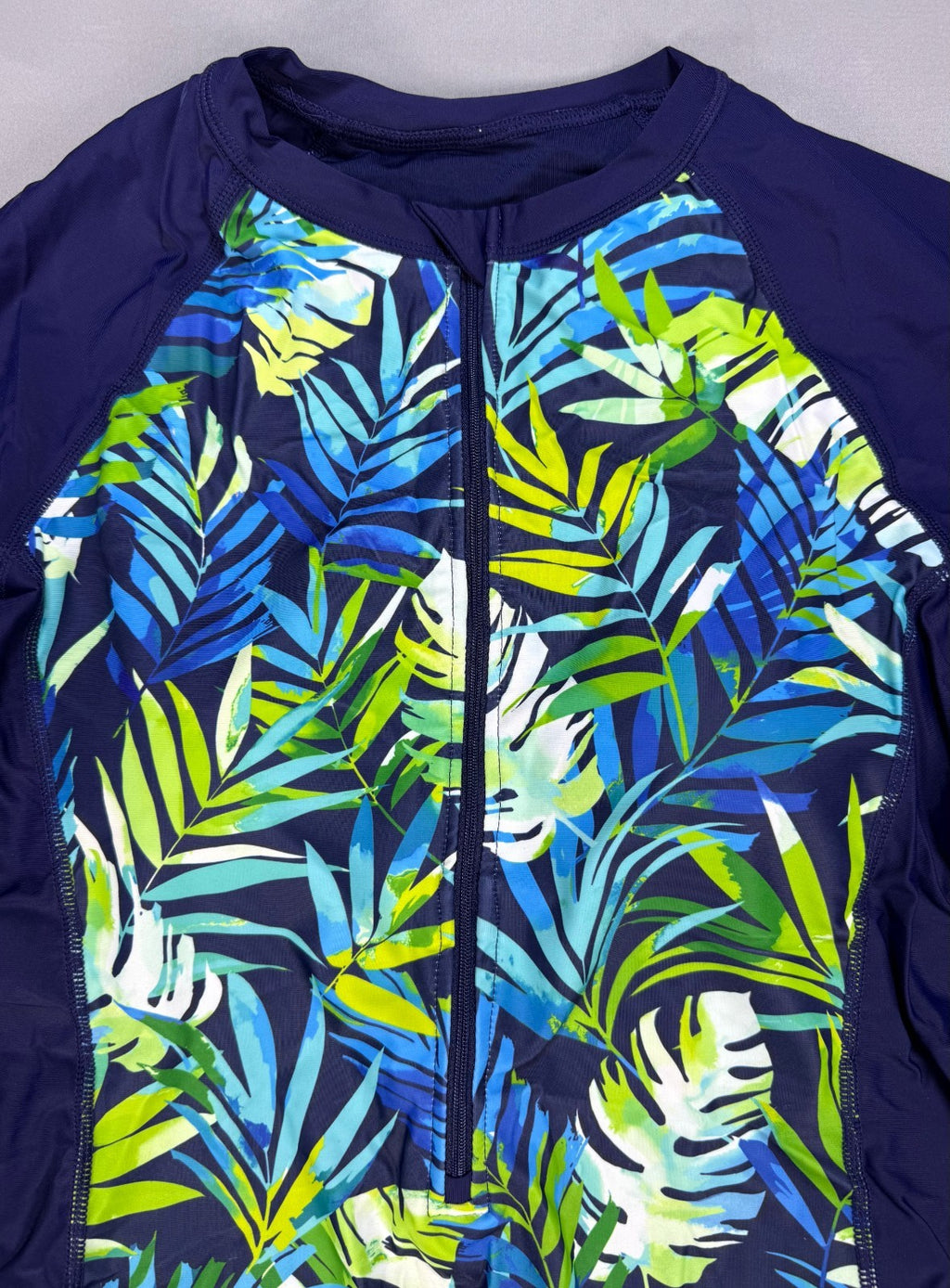 NWT Daci One Piece Swimsuit Women's Large Blue Tropical Leaf Summer Long Sleeve