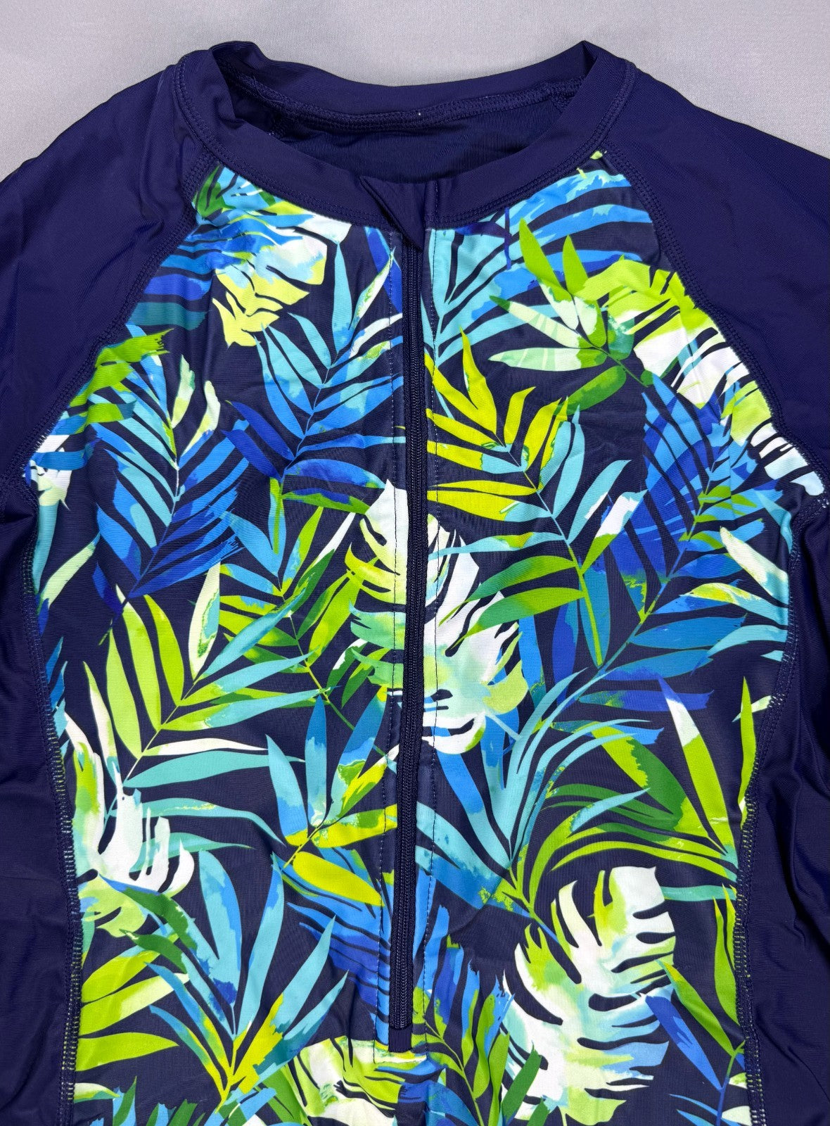 NWT Daci One Piece Swimsuit Women's Large Blue Tropical Leaf Summer Long Sleeve