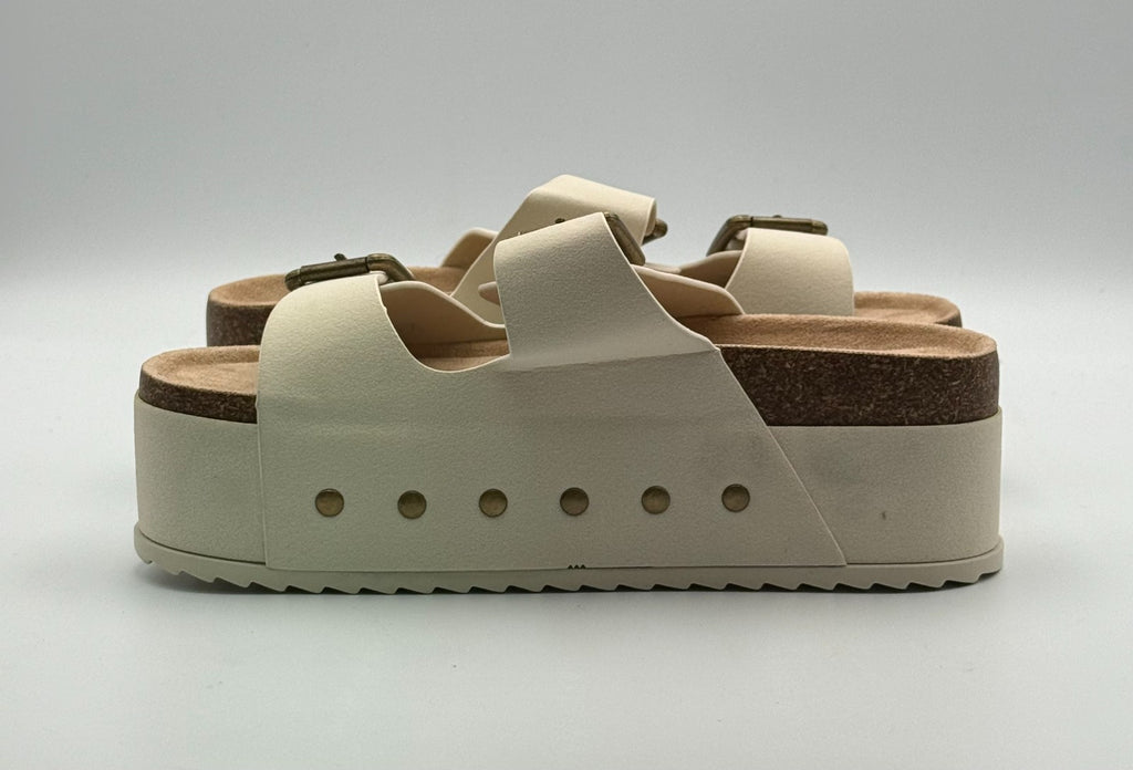 New Ziitop Double Buckle Flat Footbed Sandal Women's 7 Beige Leather Platform