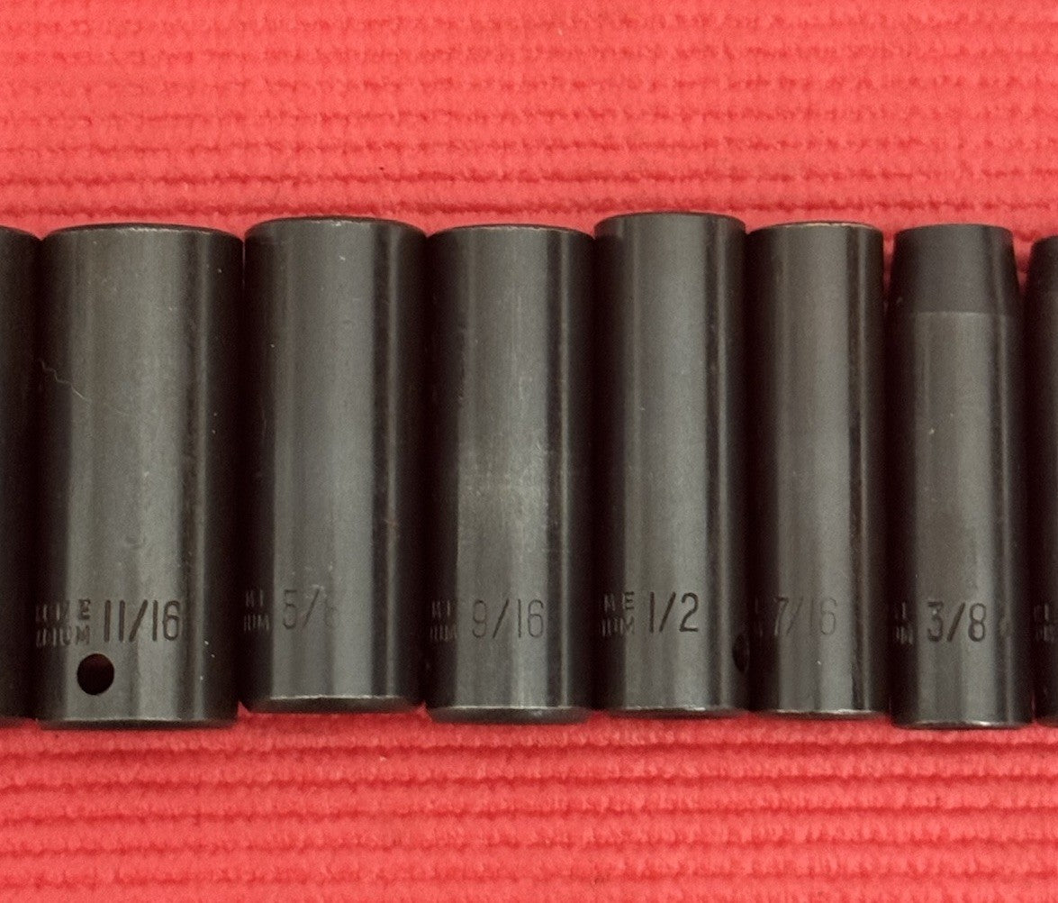 Vintage Chrome Vanadium 9 Pc 3/8" Drive Deep Impact Socket Set SAE W/Metal Case