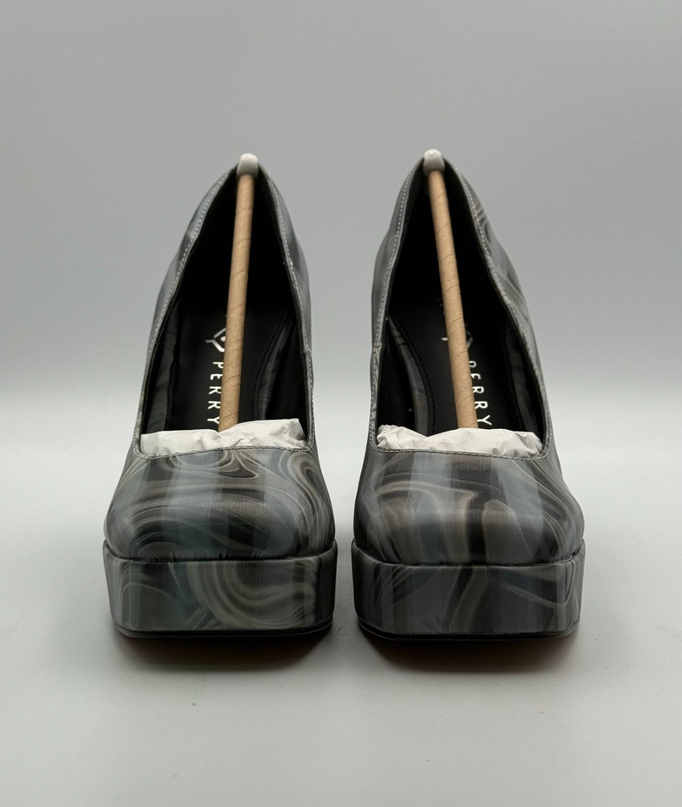 NEW Katy Perry The Uplift Platform Pumps Womens 6M Black Multi Holographic Swirl