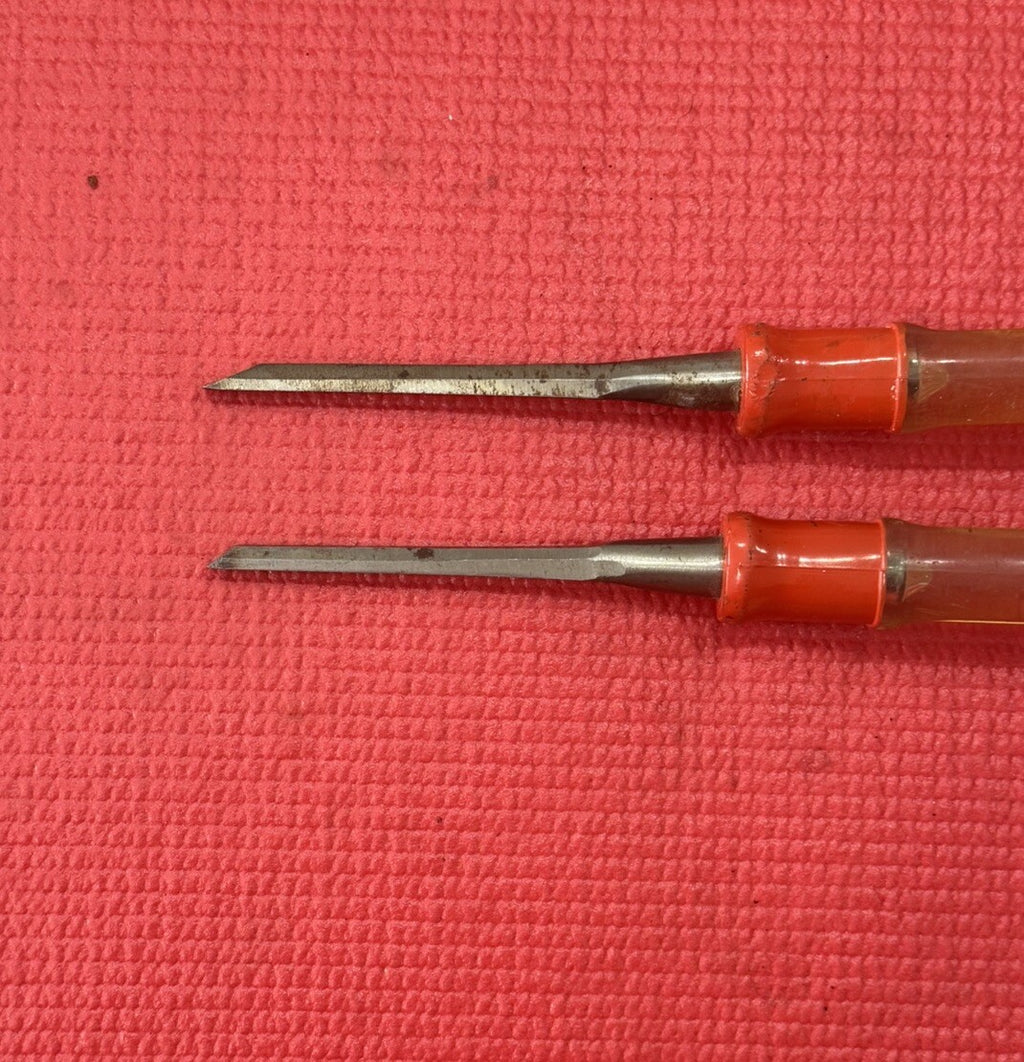 Vintage Stanley Tools 2 PC Wood Chisel clear yellow & Red handle Set Made in USA