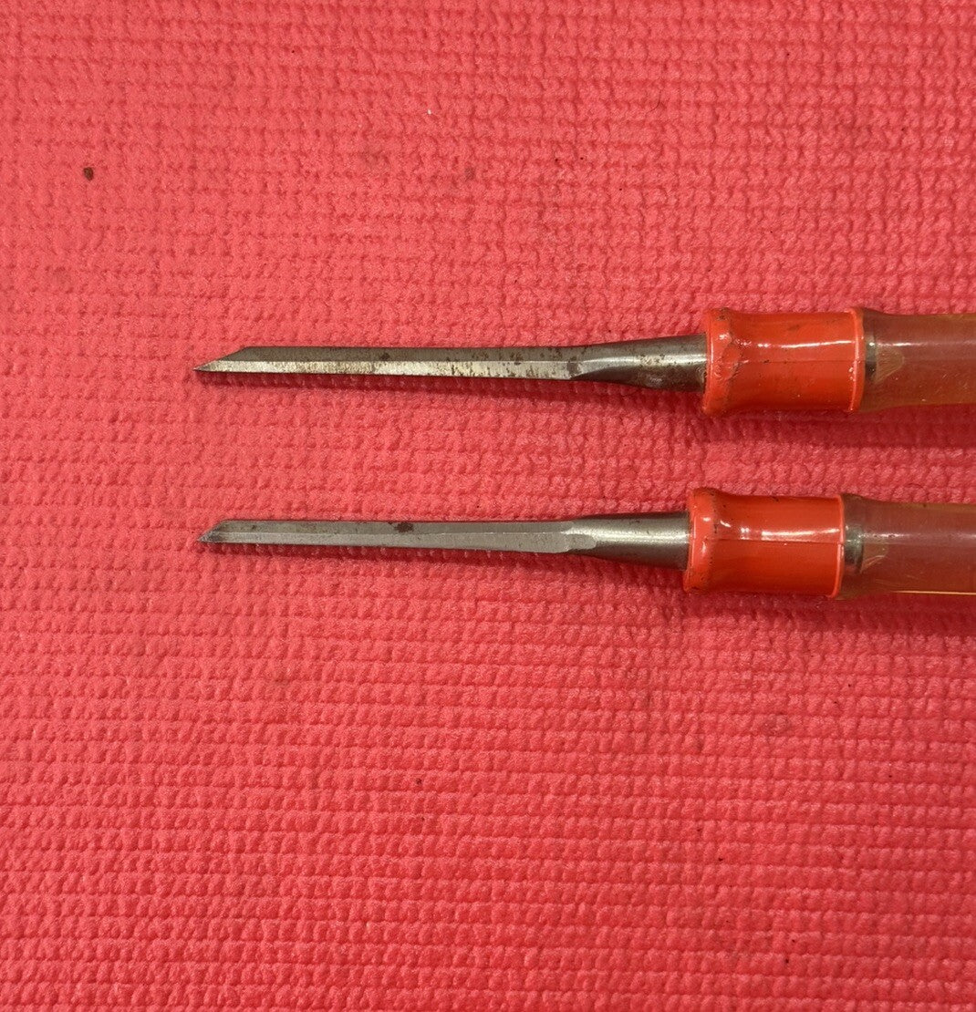 Vintage Stanley Tools 2 PC Wood Chisel clear yellow & Red handle Set Made in USA