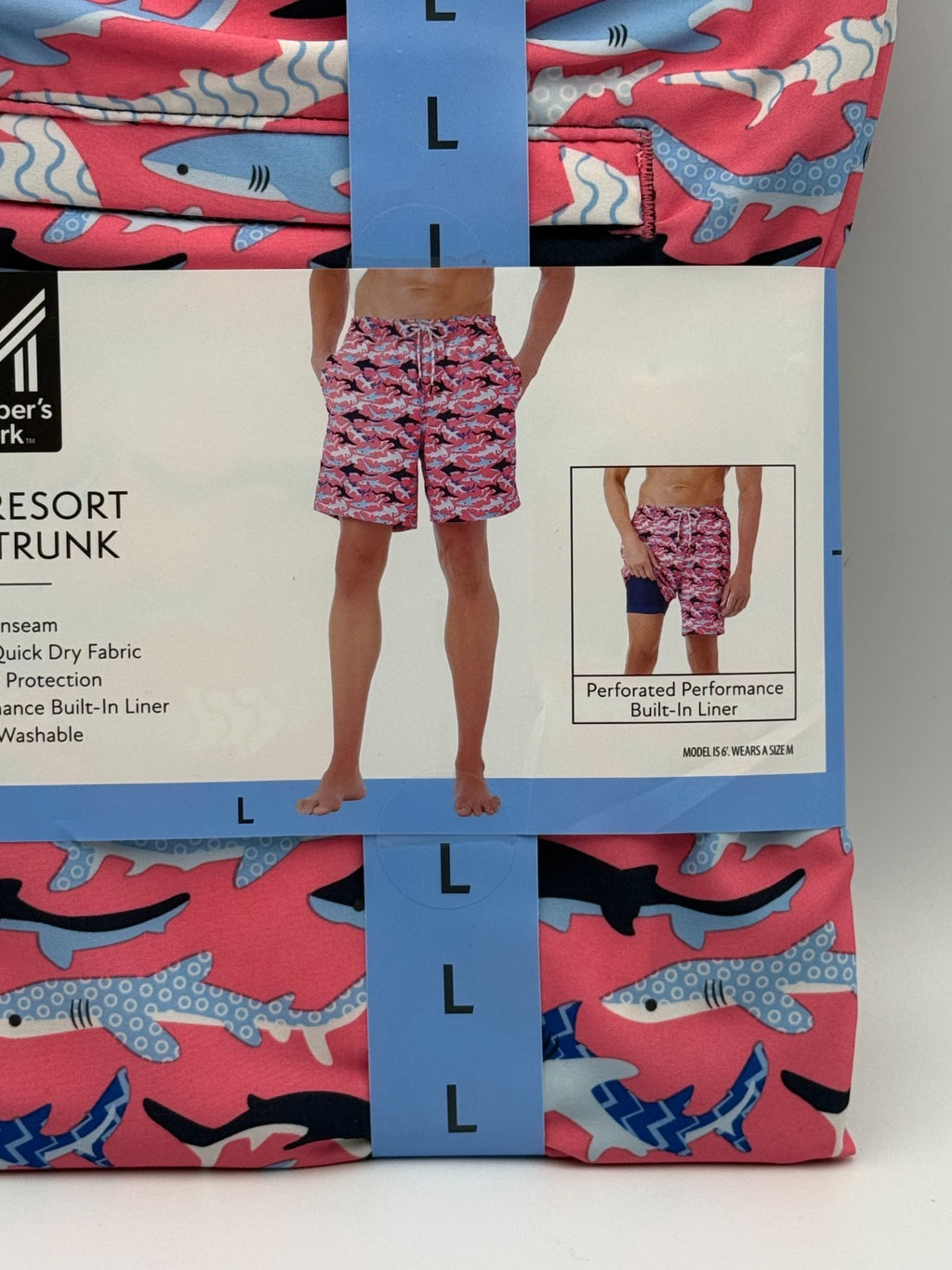 NWT Member's Mark Resort Swim Trunk Men Large Pink Shark Print UPF 50 7" Inseam