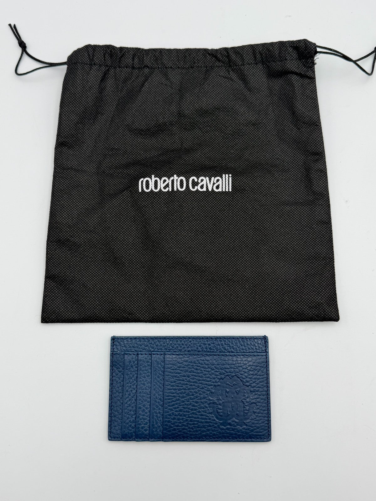 NEW Roberto Cavalli Card Holder Men's Blue Grained Leather Fashion Luxury Wallet