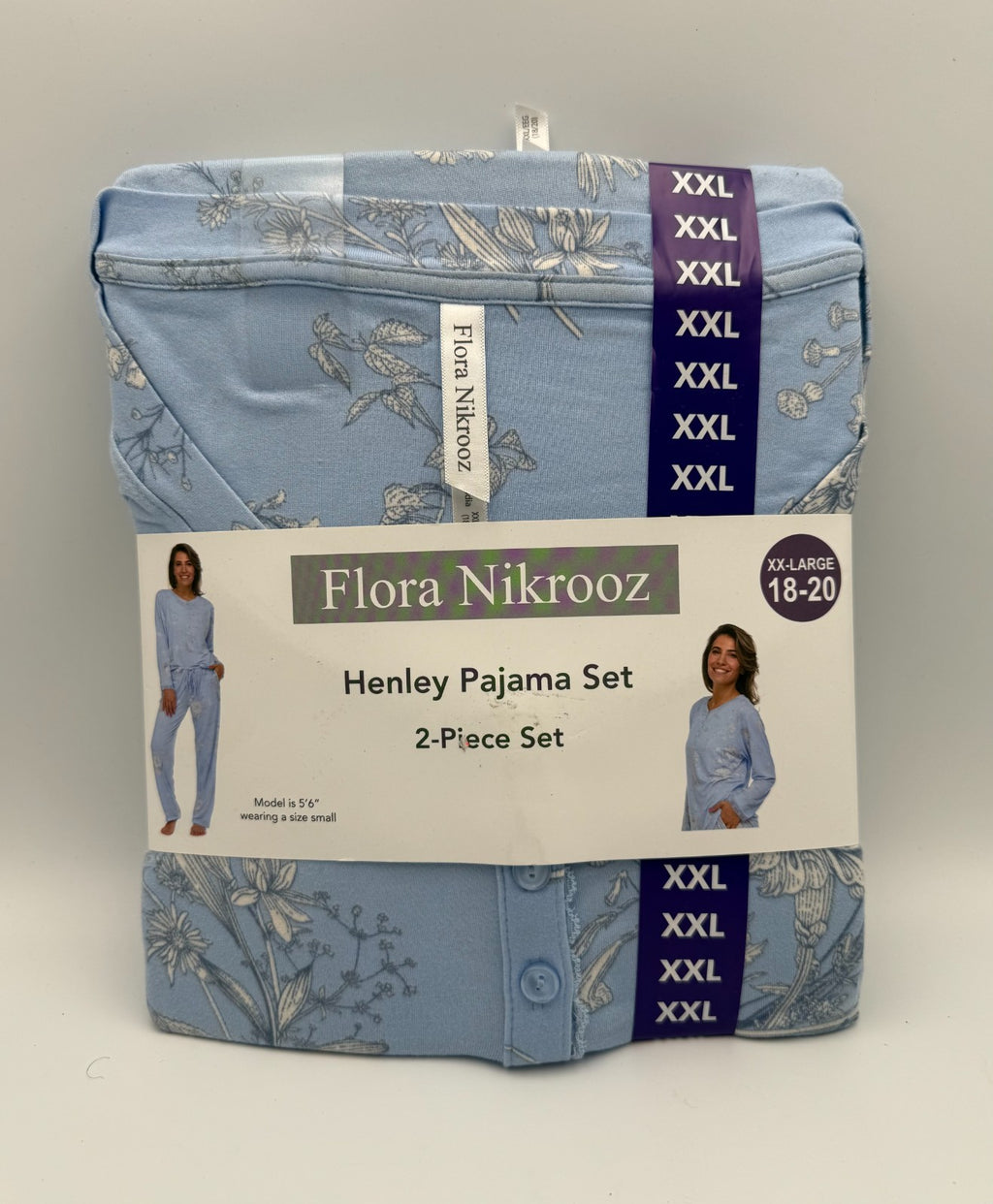 NWT Flora Nikrooz 2-Piece Henley Pajama Set Women's 2XL Blue Floral Long Sleeve