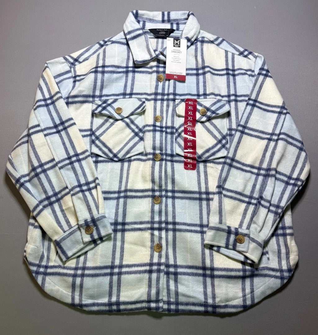 NWT Member's Mark Button-Front Plaid Shacket Women's XL Blue/White Flap Pockets