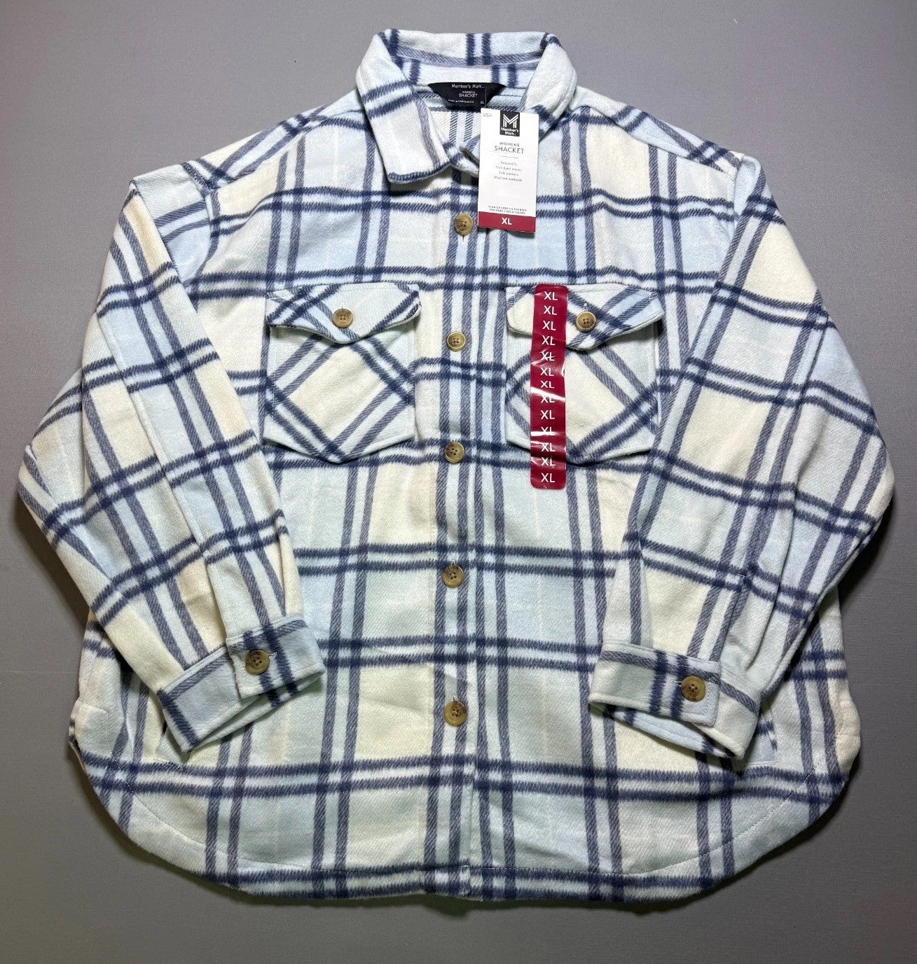 NWT Member's Mark Button-Front Plaid Shacket Women's XL Blue/White Flap Pockets