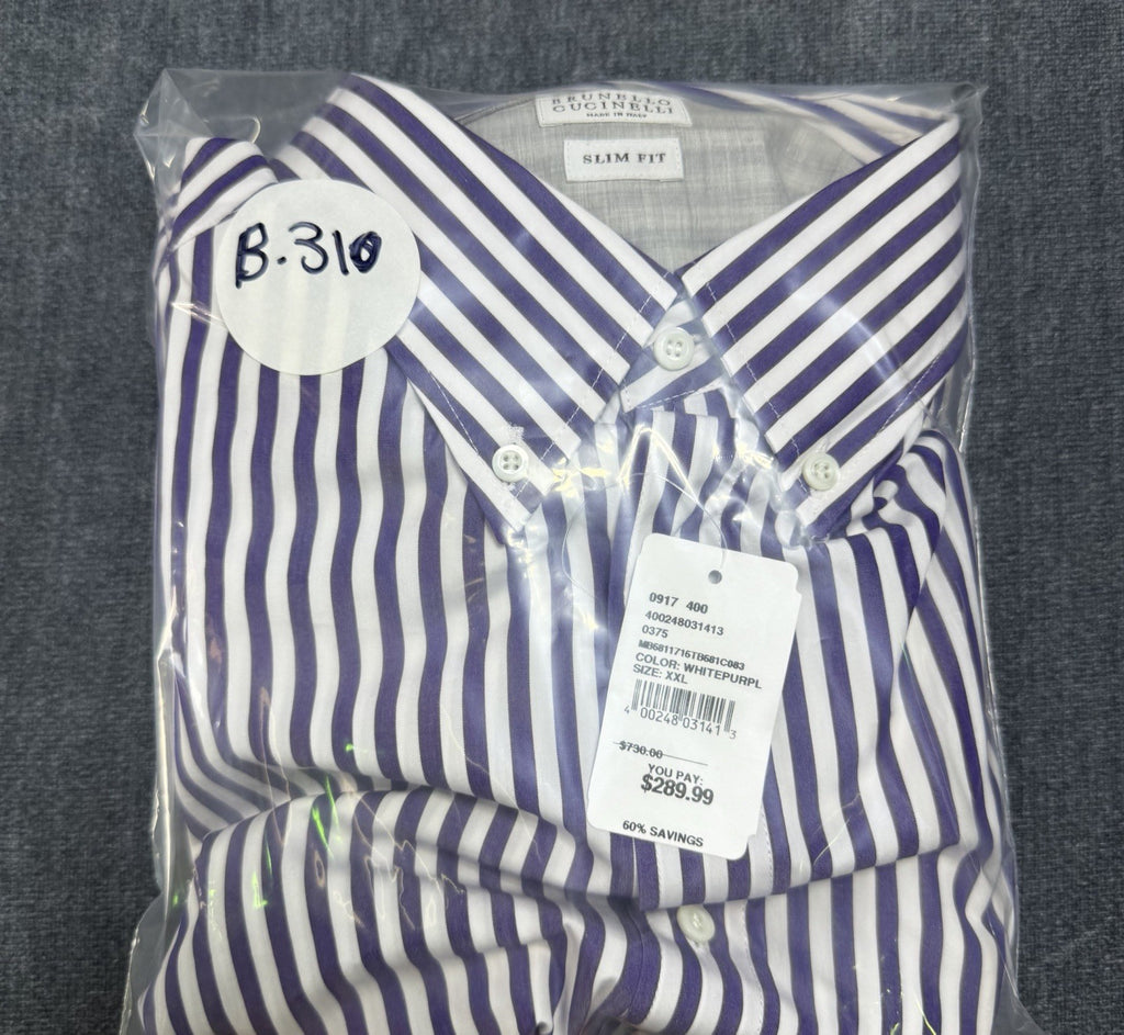 Brunello Cucinelli Button-Up Shirt Men's 2XL Blue/White Striped Slim Fit Collar