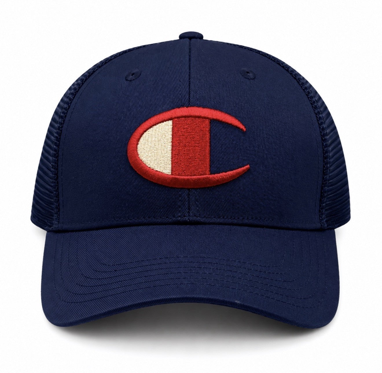 NWT Champion Logo Trucker Hat Men's Navy Blue Mesh Adjustable Snapback Cap
