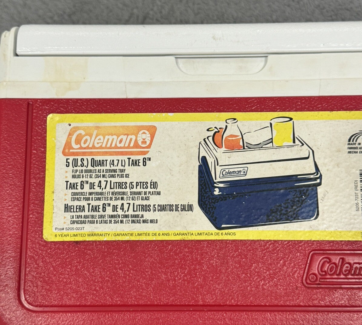 Vintage Coleman Red Flip Top Lid Personal Mini Cooler 5205, 6 Pack Lunchbox