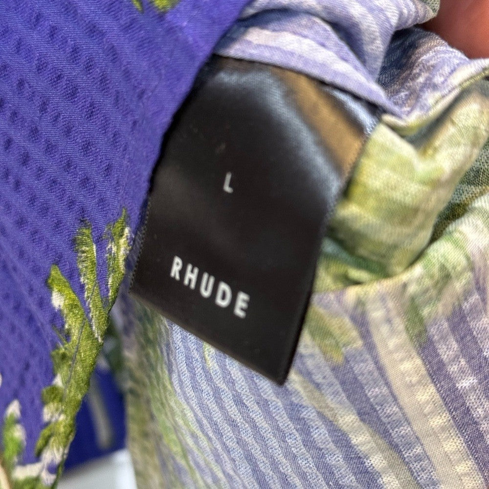 Rhude Searsucker Hawaiian Blue Palm Tree Print Men's Shirt Size Large New