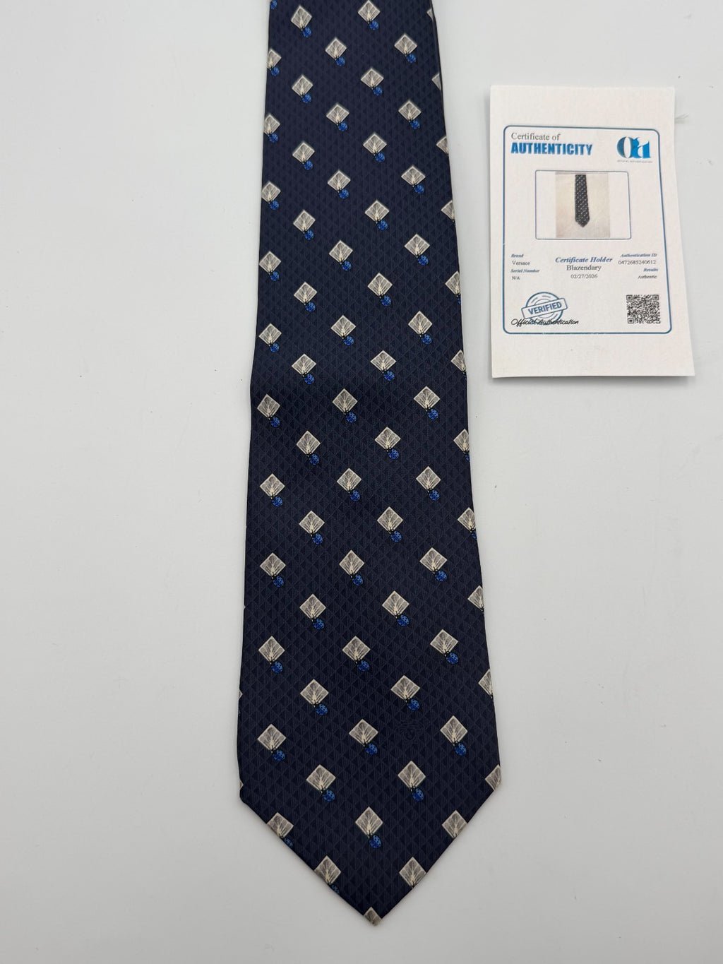 Vintage Versace Silk Necktie Men's Blue Geometric Diamond Pattern Luxury Tie