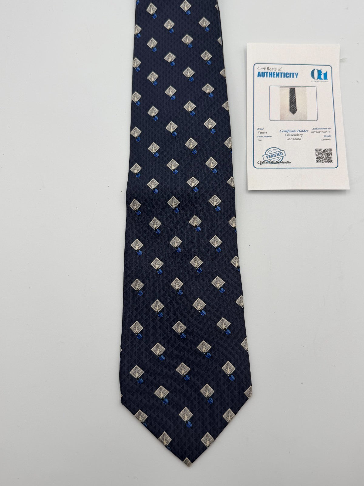 Vintage Versace Silk Necktie Men's Blue Geometric Diamond Pattern Luxury Tie