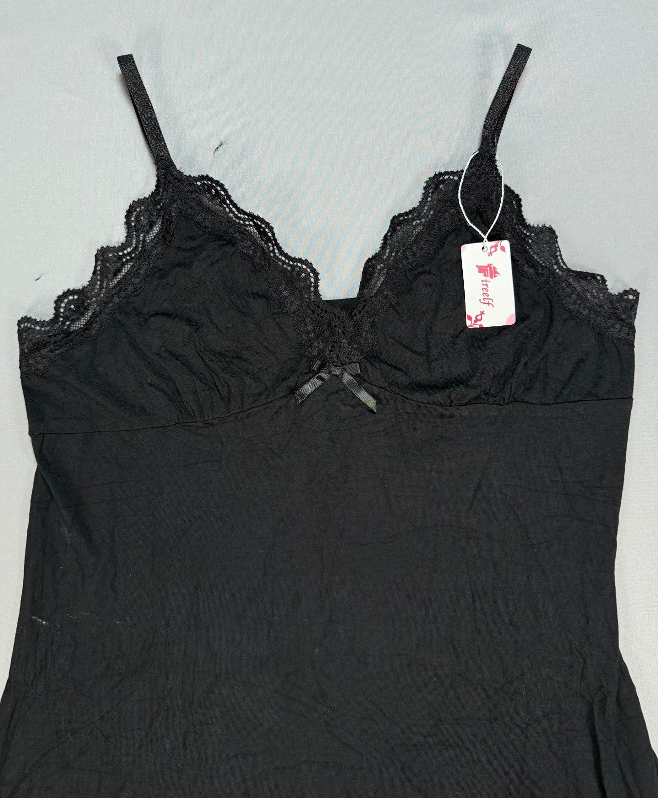 Fireelf Lace Trim Cami V-Neck Top Women's Small Black Spaghetti Strap Sleepwear