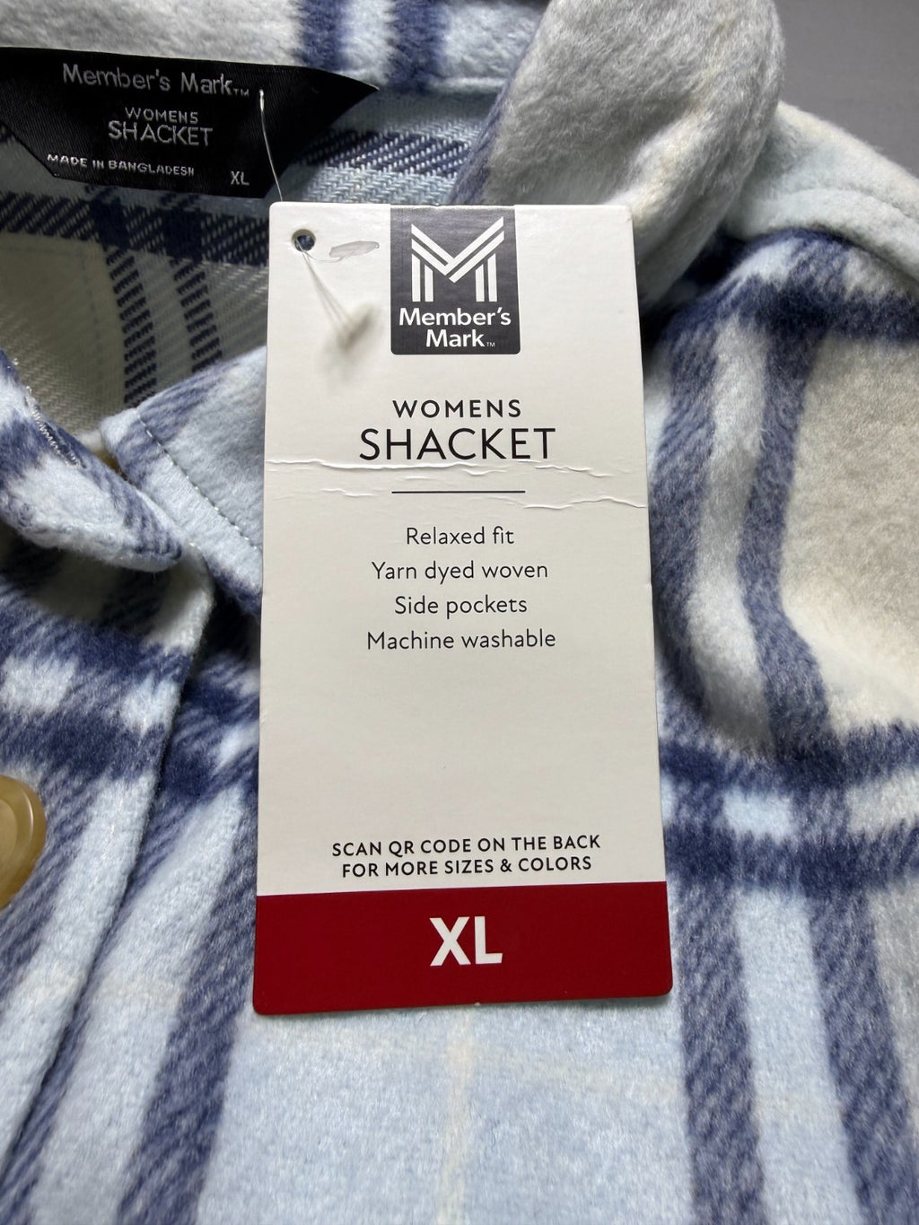 NWT Member's Mark Button-Front Plaid Shacket Women's XL Blue/White Flap Pockets