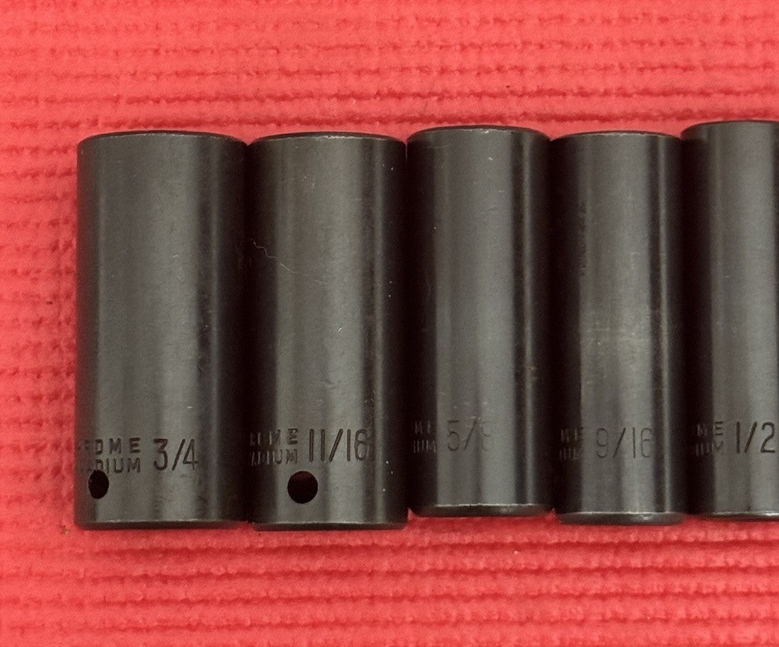 Vintage Chrome Vanadium 9 Pc 3/8" Drive Deep Impact Socket Set SAE W/Metal Case