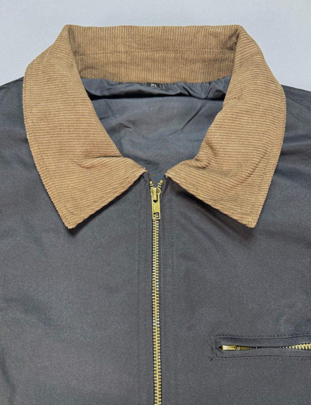 Men Bomber Jacket XL Dark Grey Corduroy Collar Full Zip Workwear Utility Coat