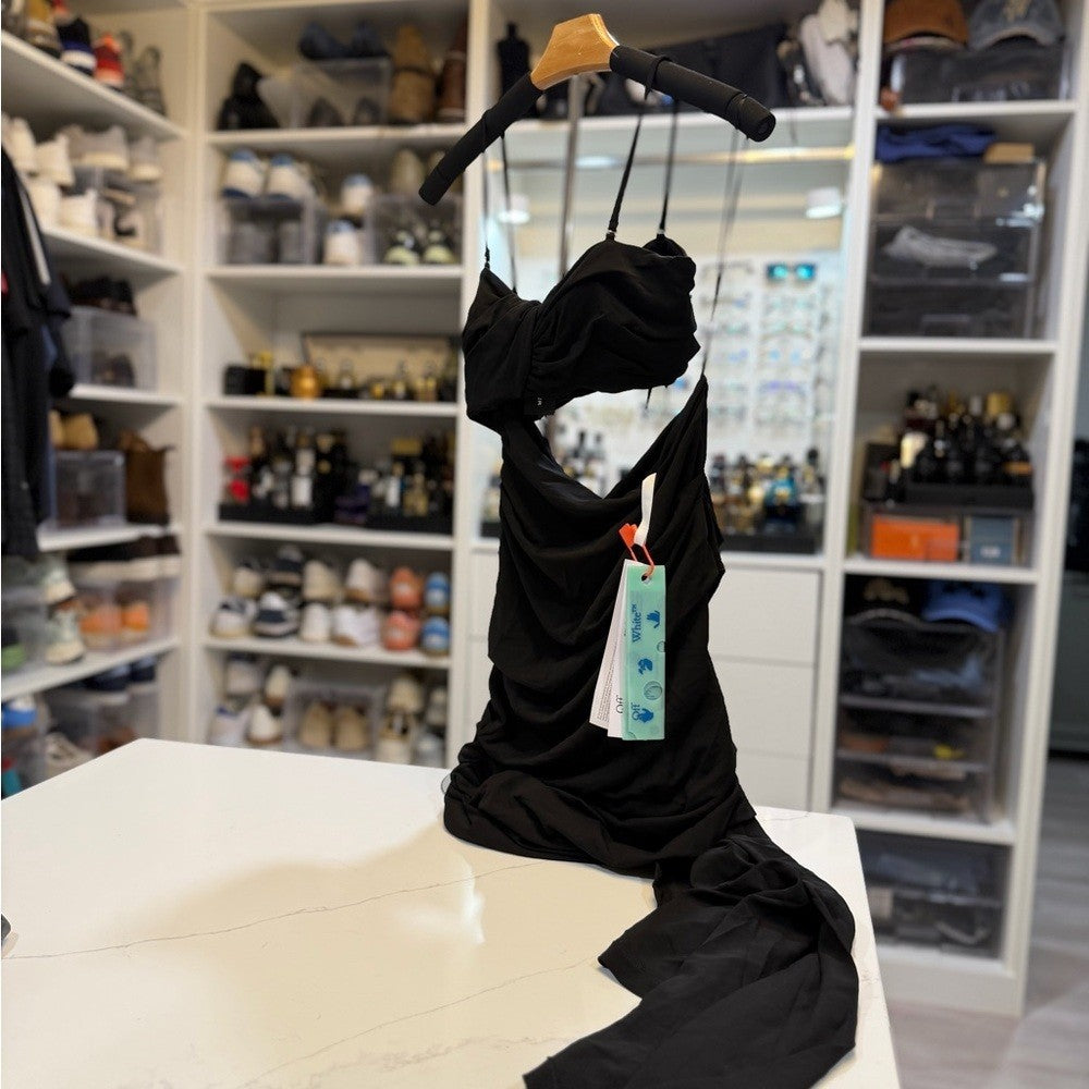 Off-White VI Crepe Drape Strapless Black Dress