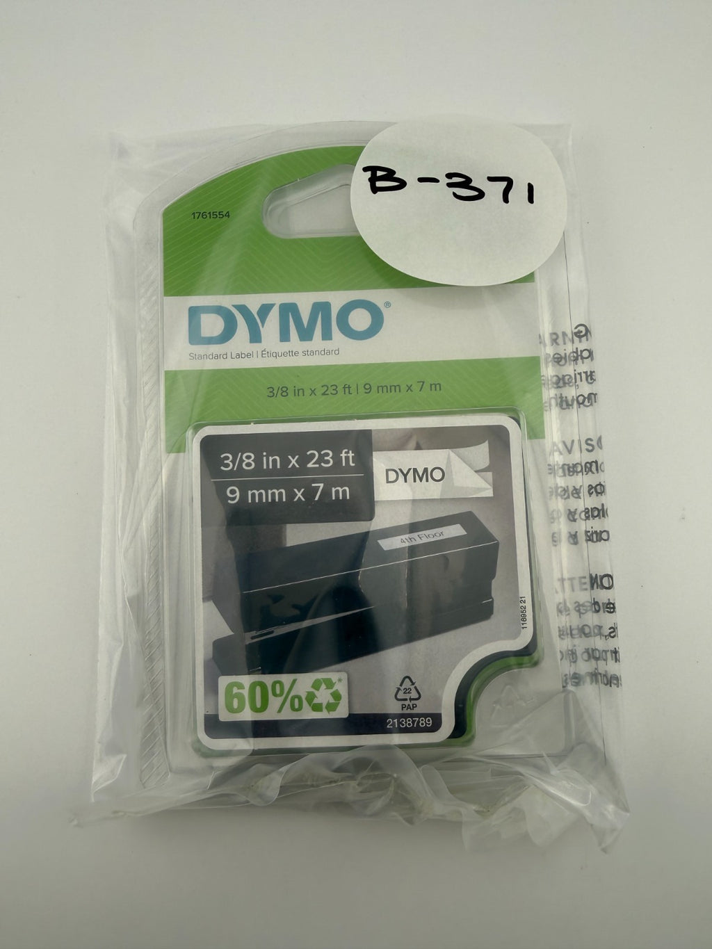 NEW 1761554 Dymo D1 3/8 in x 23 ft - 9 mm x 7 m Tape - Black on White