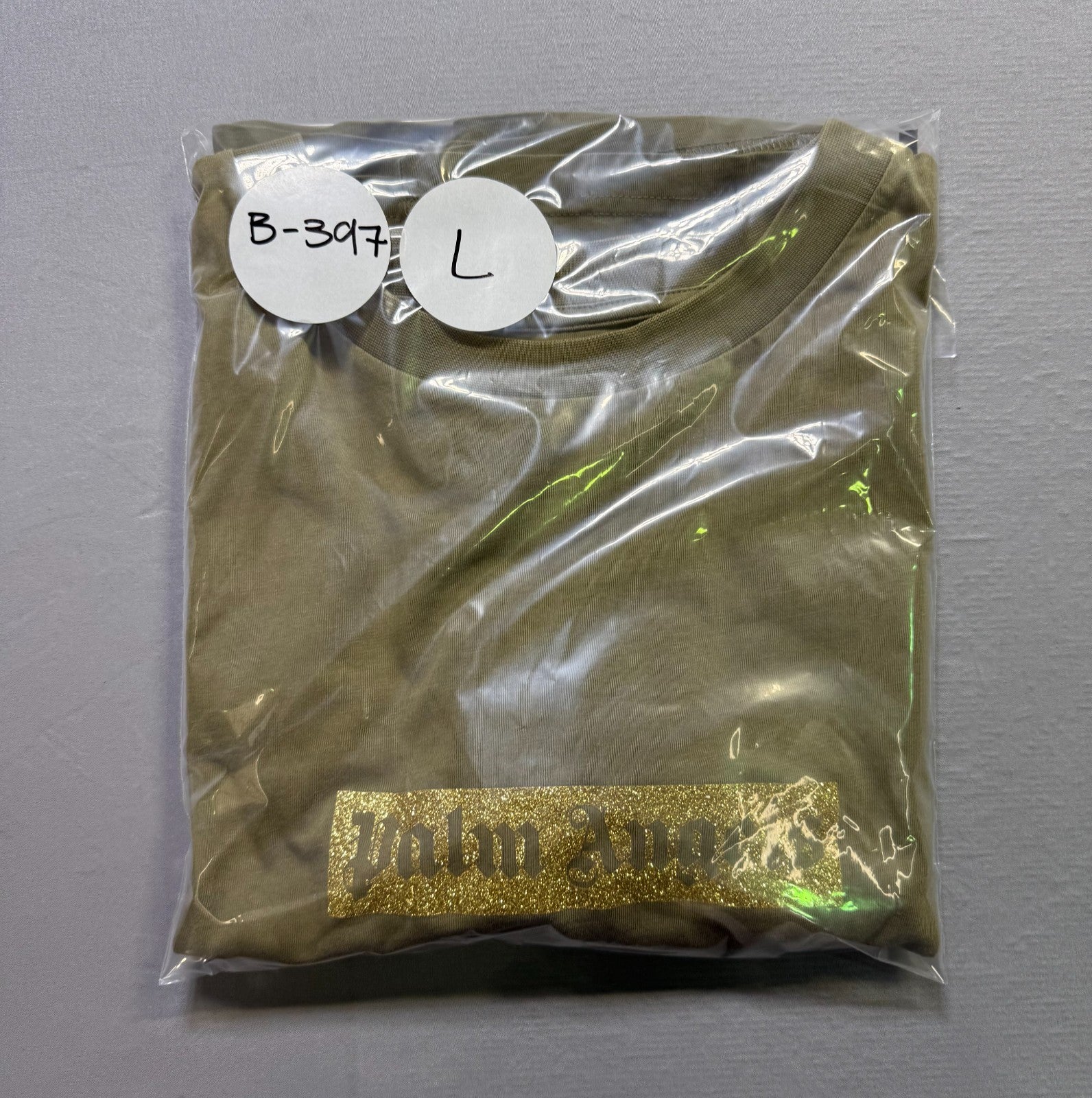 NWT Palm Angels T-Shirt Men's Large Olive Green Logo Short Sleeve Crew Neck