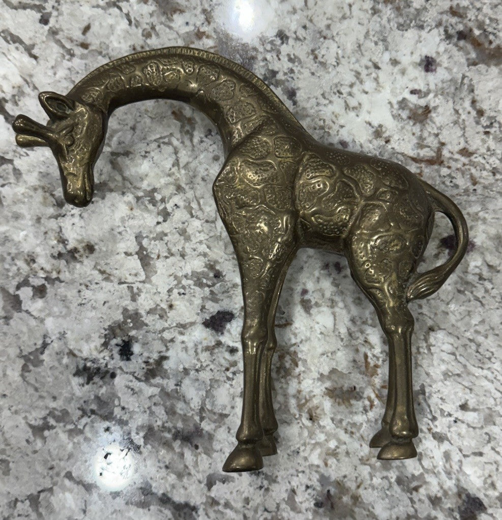 Vintage Solid Brass Giraffe Figurine Statue 8.75” InTall And 9” Long NICE!!