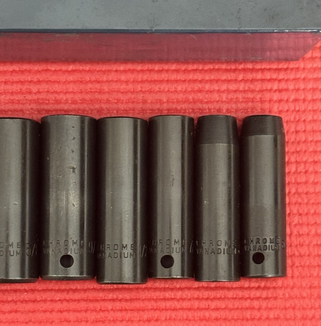 Vintage Chrome Vanadium 9 Pc 3/8" Drive Deep Impact Socket Set SAE W/Metal Case