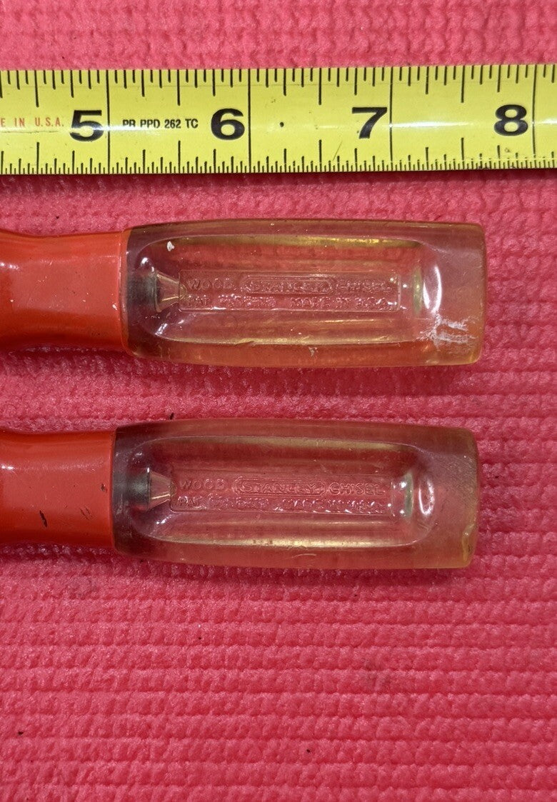 Vintage Stanley Tools 2 PC Wood Chisel clear yellow & Red handle Set Made in USA