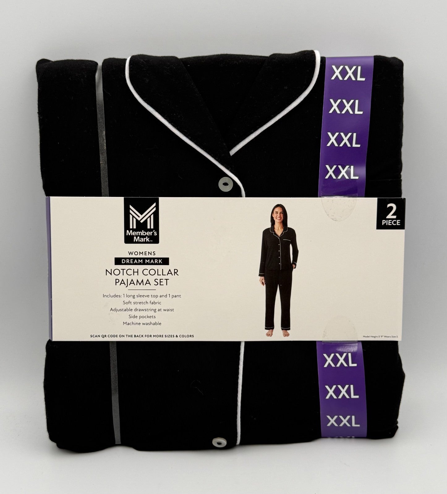 NWT Member's Mark Dream Mark Notch Collar Pajama Set Women's 2XL Black 2-Piece