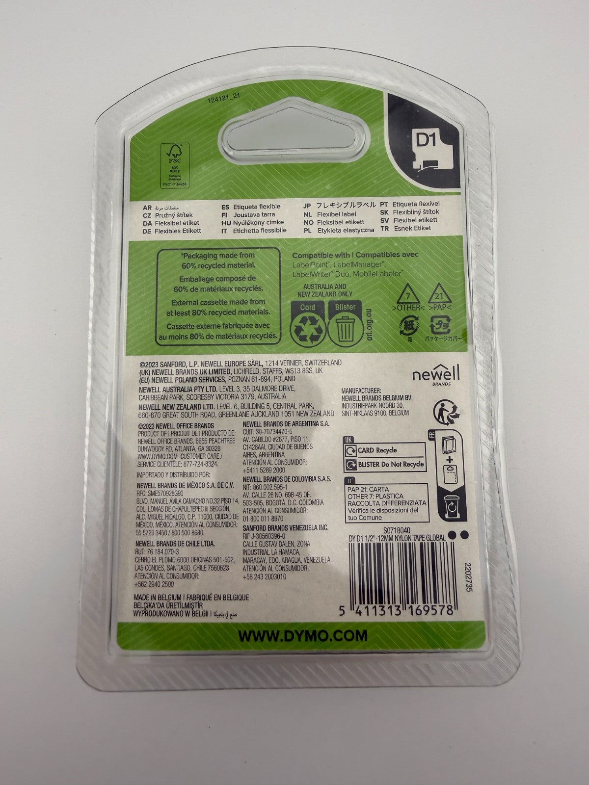 NEW Dymo D1 Flexible Nylon Label Tape Black on White 1/2" x 12ft 12mm S0718040