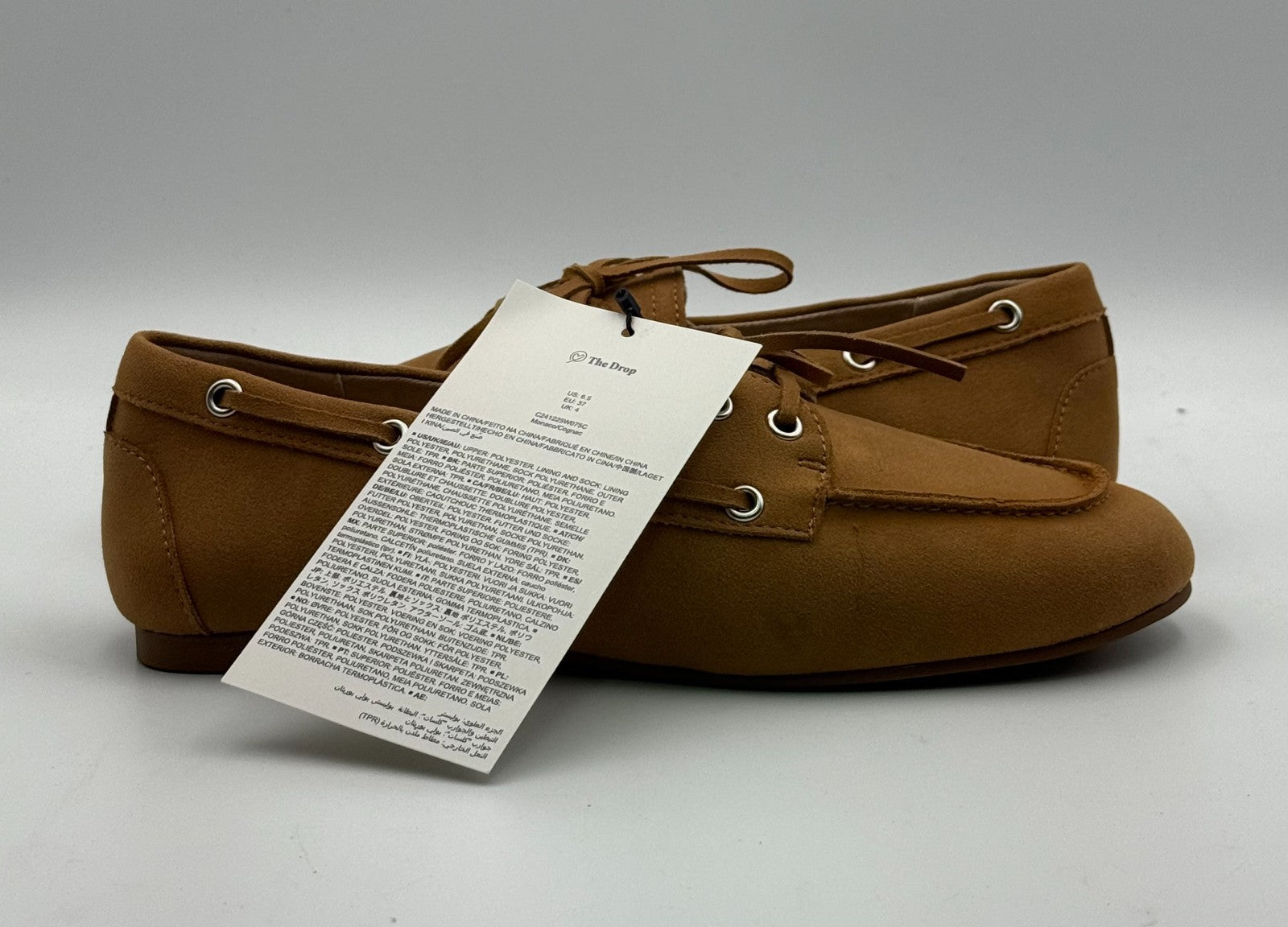 New The Drop Lace Details Boat Shoes Women's 6.5 Tan Faux Suede Slip-On Comfort