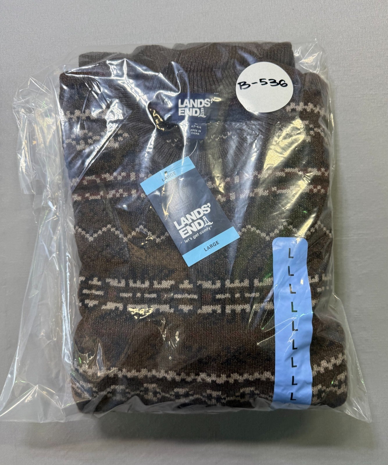 NWT Land's End Fair Isle Sweater Men's Large Brown Knitted Crew Neck Long Sleeve