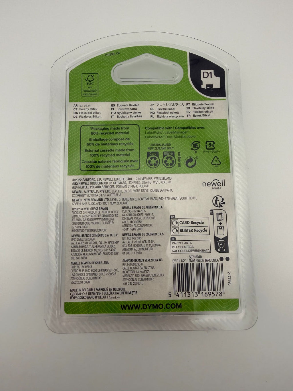 NEW Dymo D1 Flexible Nylon Label Tape Black on White S0718040 - 12mm 1/2" x 12ft