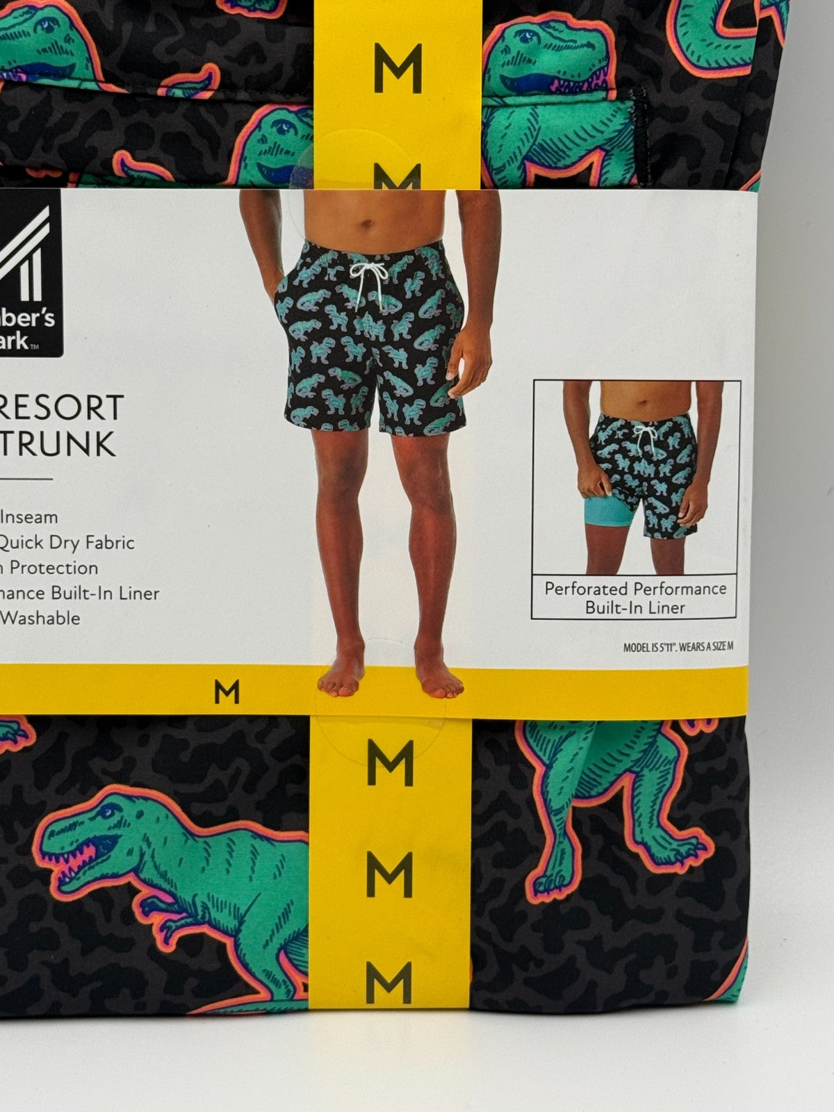 NWT Member's Mark Resort Swim Trunks Men's Medium Black Dinosaur Print 7" Inseam