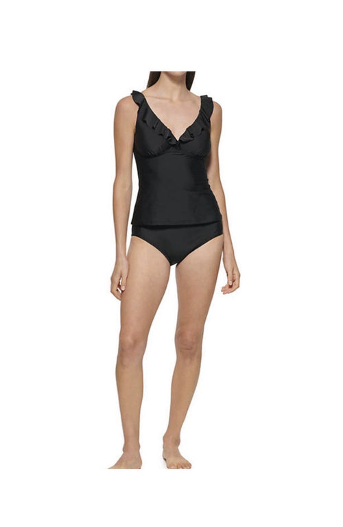 $118 DKNY 2-Pieces Ruffle Plunge Tankini Swimsuit Women's Small Black Sleeveless