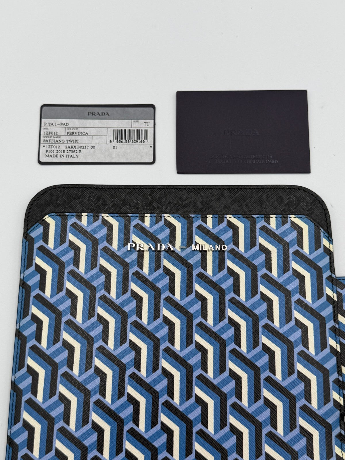 NEW Authentic Prada leather iPad Tablet Case Blue Geometric Saffiano Twist