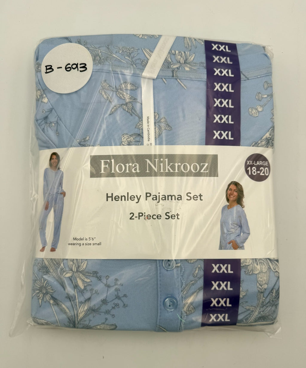 NWT Flora Nikrooz 2-Piece Henley Pajama Set Women's 2XL Blue Floral Long Sleeve