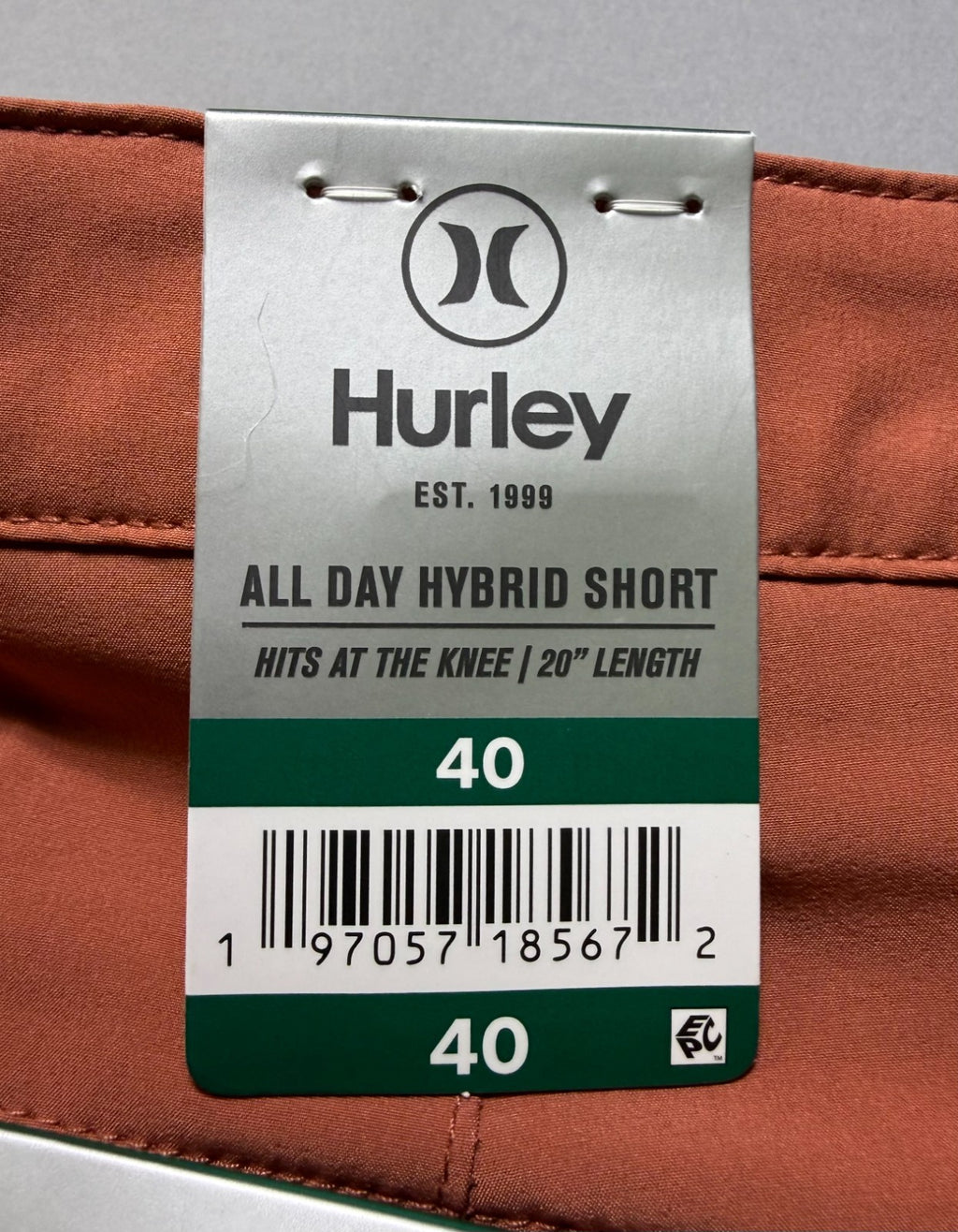 NWT Hurley All Day Hybrid Short Men's Size 40 Redwood Rust 4-Way Stretch Comfort