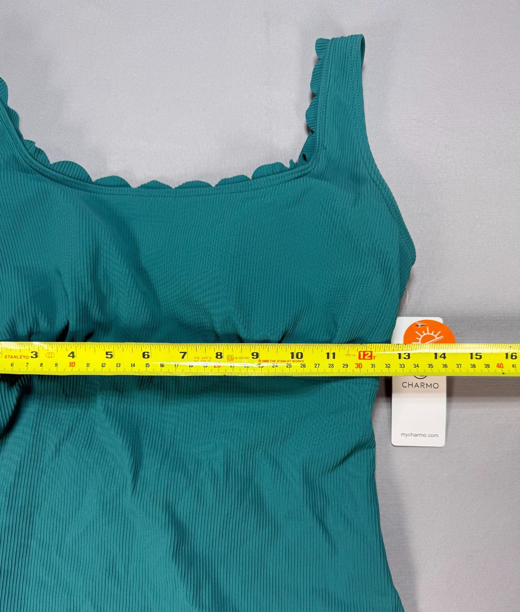 Charmo Ribbed Scalloped One Piece Swimsuit Womens Teal Green Retro Square Neck M